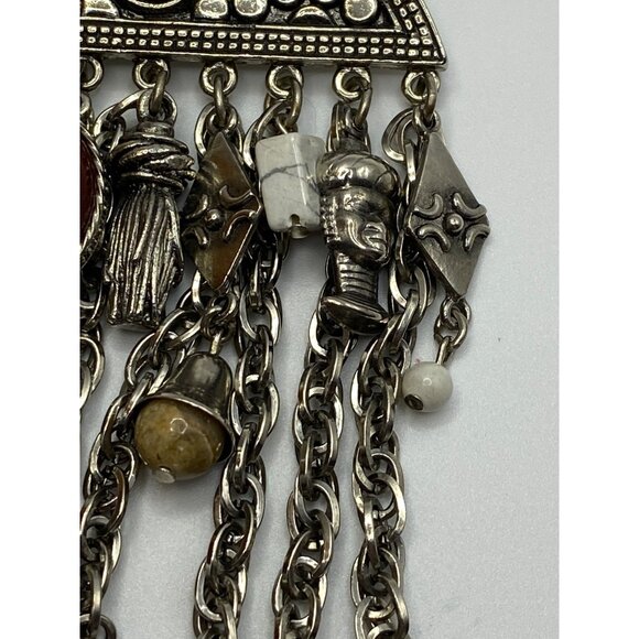 Vintage Silver-Tone Multi-Chain Statement Brooch With Red Beige & White Stone Ac - Picture 5 of 12